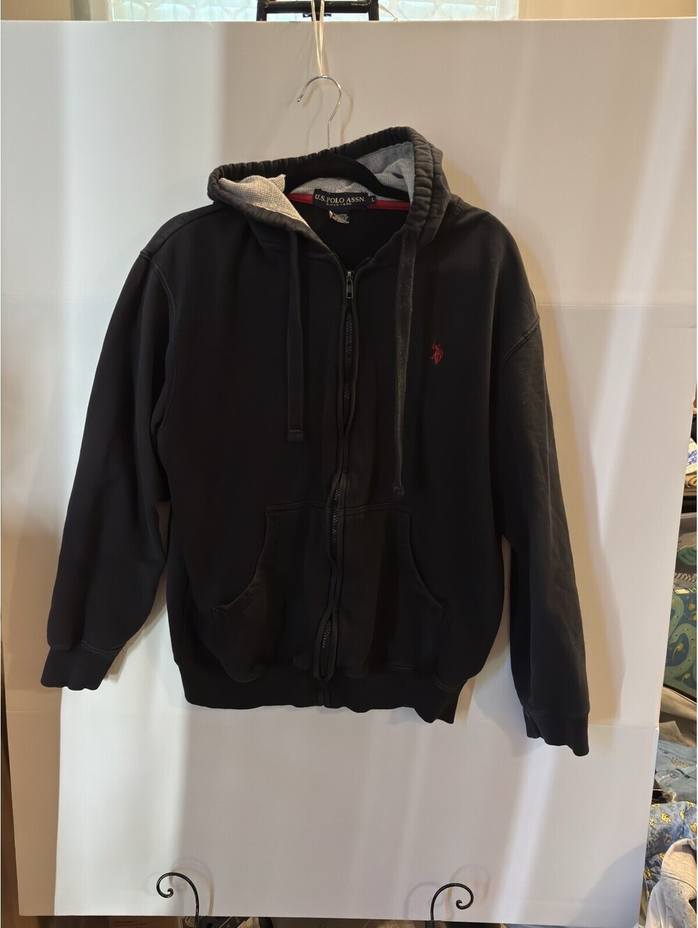 U.S. Polo Assn. Men's Black Full Zip Fleece Hoodie Logo Pockets Size L